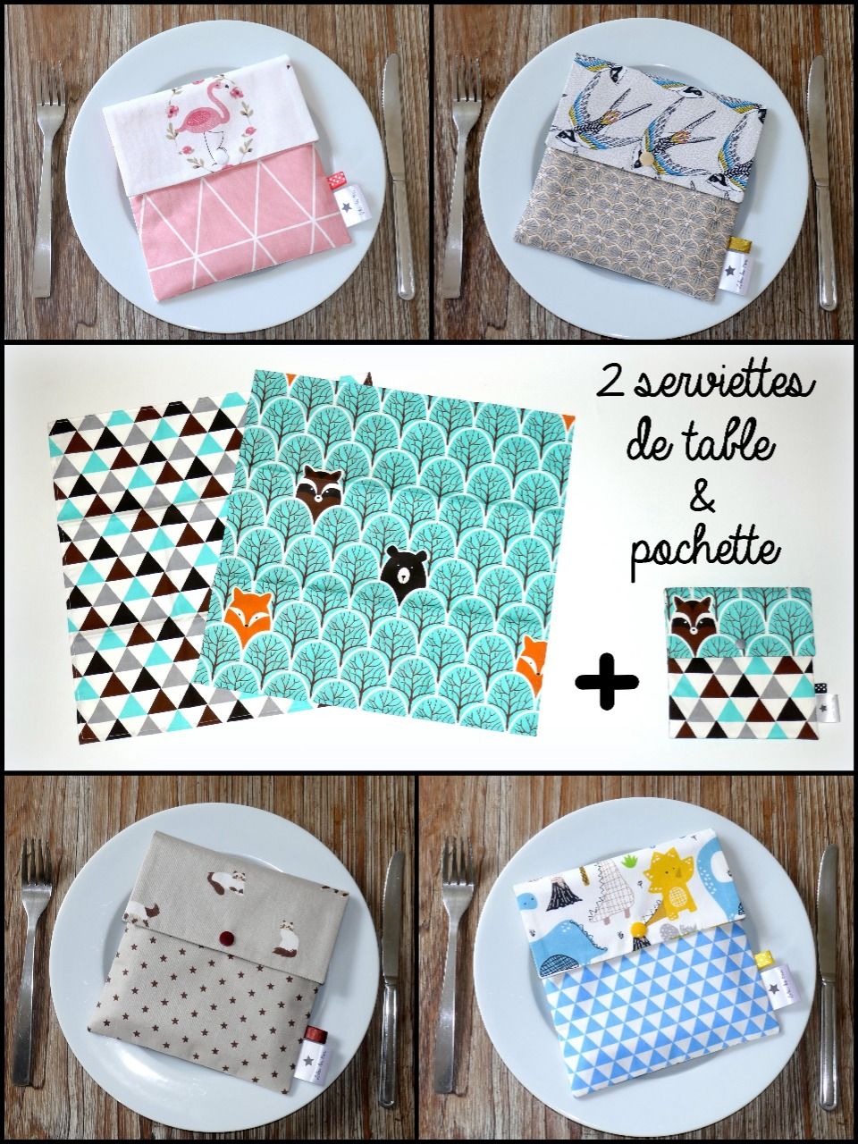 Pochette Porte Serviette De Table Ancienne – Broderie Main – Motif Chat Art Naïf – 100% Coton Blanc