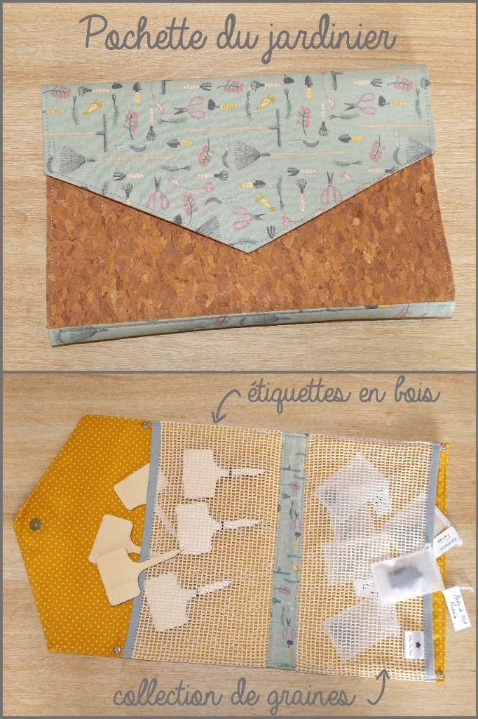 Pochette en liège, coton imprimé et filet de coton bio, avec collection de graines et petites étiquettes en bois