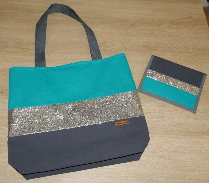 Petit cabas lin et paillettes + pochette